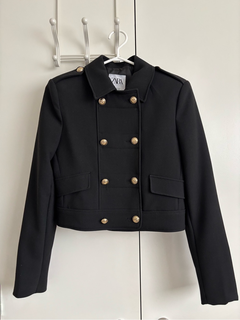 ZARA Black Military-Style Double-Breasted Blazer with Gold Buttons, XS